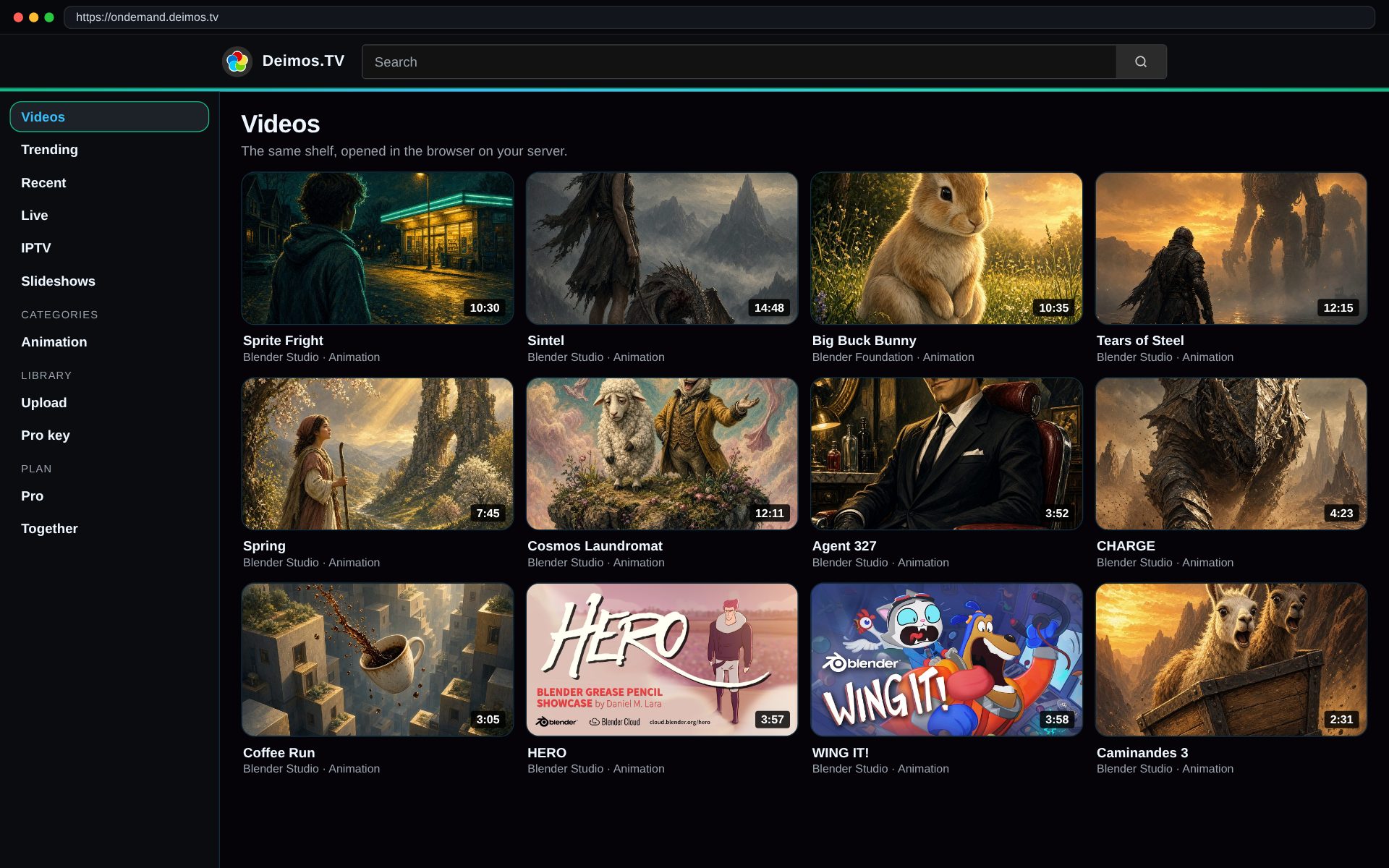 Deimos.TV on-demand web app at ondemand.deimos.tv, Videos menu, filled with the same Blender open movies.