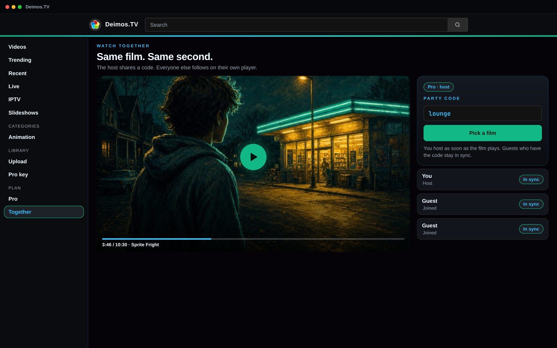 Play Together in the Deimos.TV desktop player. Sprite Fright is in sync and the party code is lounge.