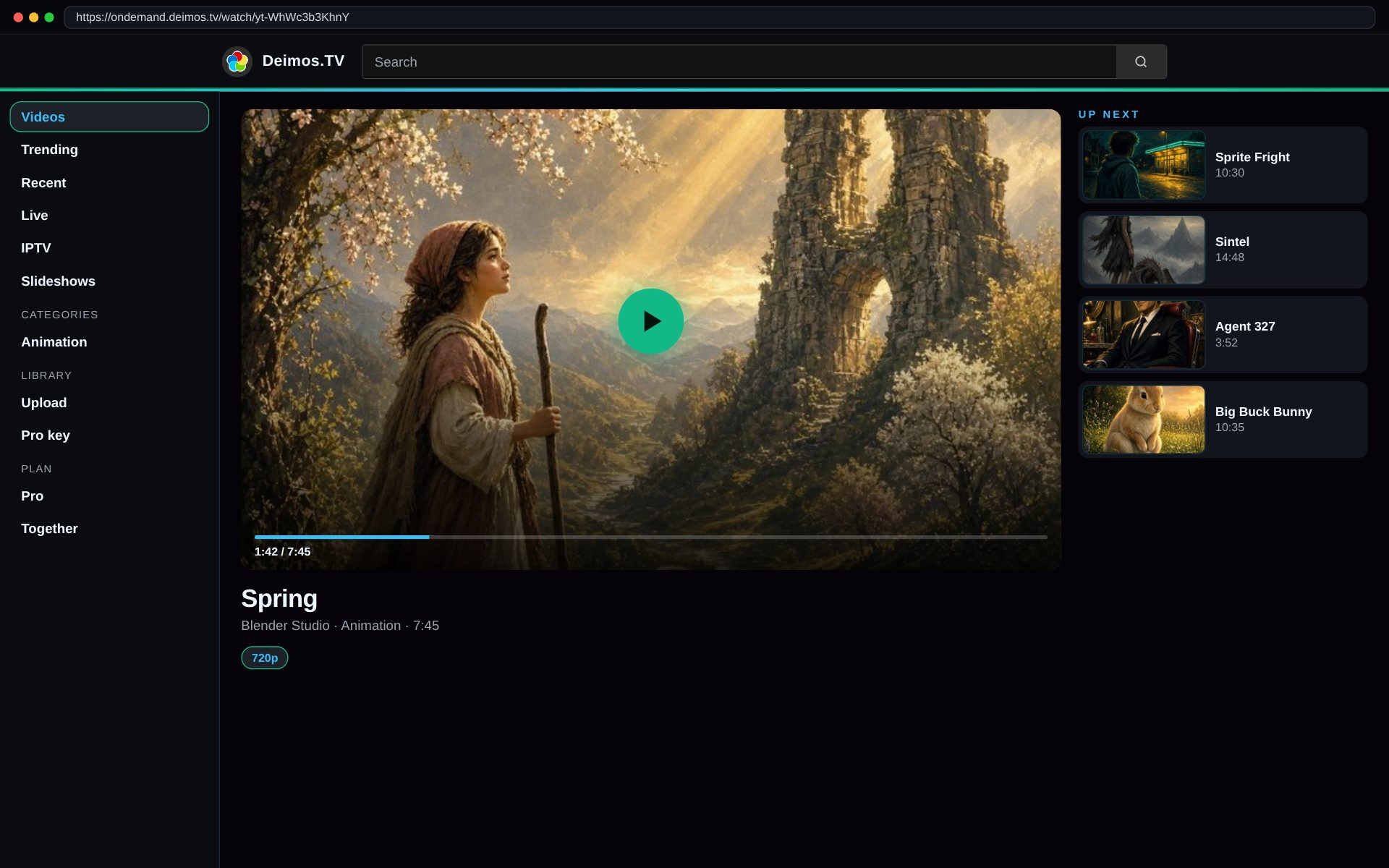 On-demand player at ondemand.deimos.tv watching Spring, with Sprite Fright, Sintel, Agent 327, and Big Buck Bunny up next.